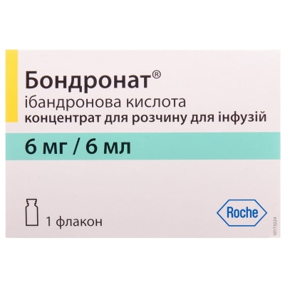 БОНДРОНАТ® концентрат для розчину для інфузій, 6 мг/6 мл по 6 мл концетрату у флаконі зі скла, по 1 флакону у картонній коробці